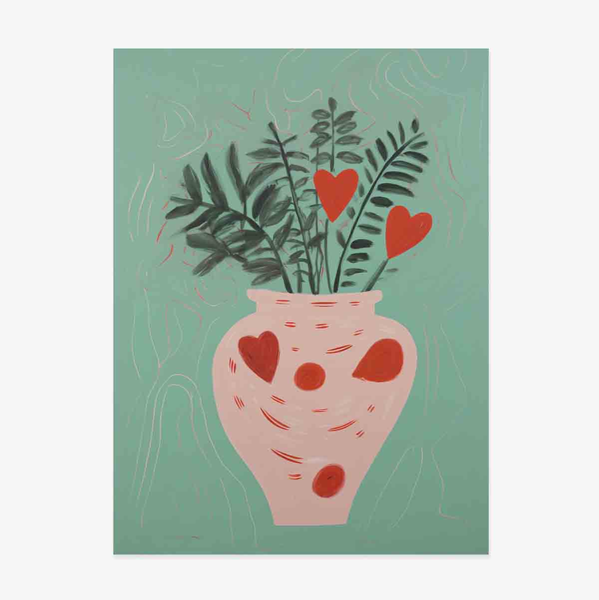 Poster Illustration of potted plants and drawn hearts