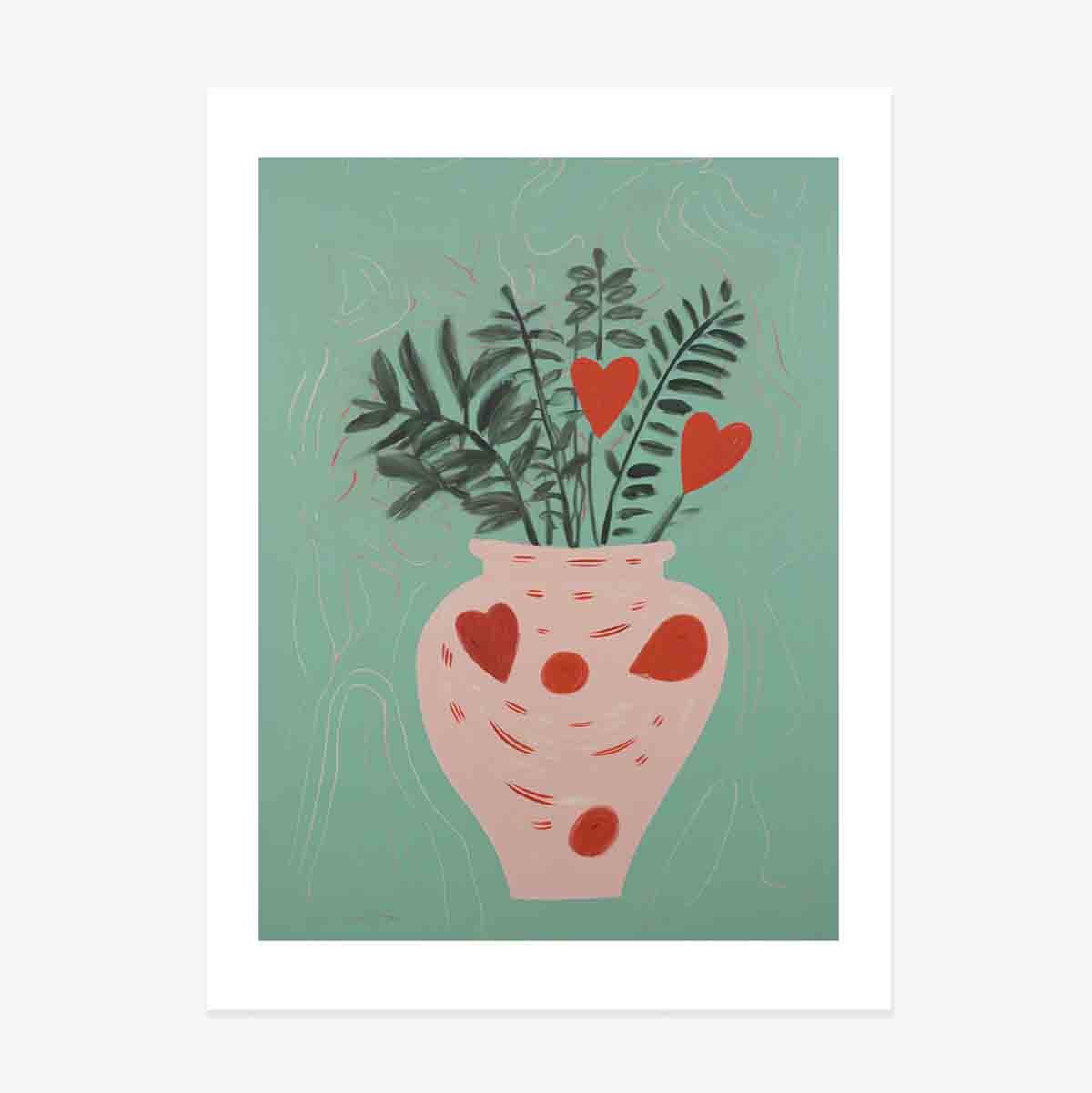 Poster Illustration of potted plants and drawn hearts
